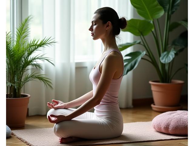 Une femme sereine en posture de méditation, entourée de plantes luxuriantes, symbolisant le bien-être et la tranquillité
